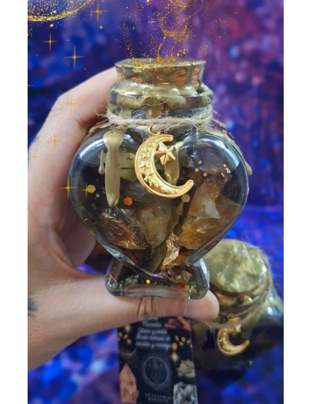 TARRITO DE LA ABUNDANCIA CON ACEITE ESENCIAL DE SANDALO Y NARANJA, CANELA, LAUREL, MONEDAS, CITRINO Y PIRITA.